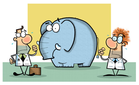Cartoon shows elephant with scientist and business man, both startled at what they can see when they have their vision