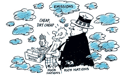 O desenho animado retrata a política nas negociações do aquecimento global, onde um Tio Sam produtor de emissões (representando as nações ricas, incluindo os EUA) está torcendo os braços de uma pessoa pobre (representando as nações pobres) para vender cotas de emissões a preços baratos.