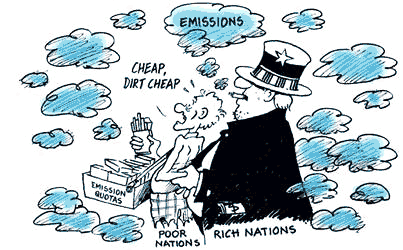 Cartoon depicts politics in global warming negotiations where an emissions-producing Uncle Sam (representing the rich nations, including the US) is twisting the arms of a poor person (representing poor nations) to sell emissions quotas at dirt cheap prices