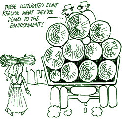 Cartoon depicting exploitation of forests by big business and then blaming poor who carry just a handful of firewood for survival