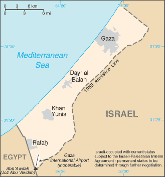 The Gaza Strip is a narrow coastal strip with a small 6km border with Egypt on one side, with a 40km coast line against the Mediterranean Sea on another side and the rest bordering Israel