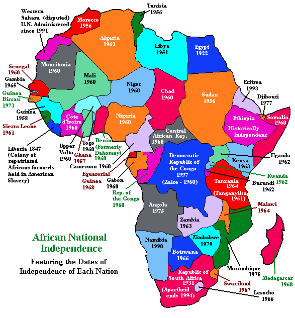 Map of the Independent Nations of Africa with Dates of Independence for Each Nation