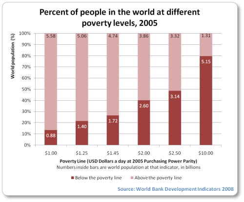 80% of the world population lived on less than $10 a day in 2005