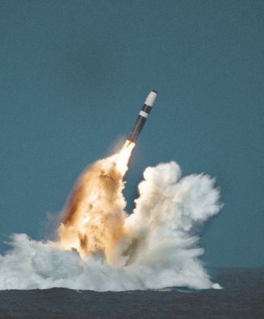 A Trident missile launched from a Royal Navy Vanguard class ballistic missile submarine. Credit: public domain
