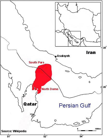 The North Dome-South Pars Field, straddling Qatari and Iranian waters. Source: Wikipedia