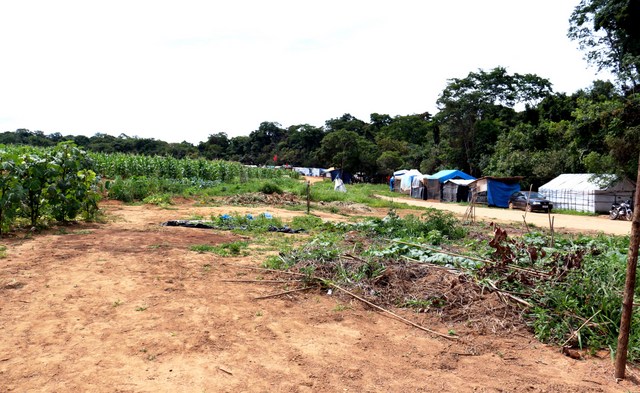 The Dom Tomás Balduíno camp, along the river that crosses the Agropecuaria Santa Mônica estate, next to the first crops planted on the 400 hectares occupied by landless Brazilian peasant farmers. Credit: Courtesy of the MST
