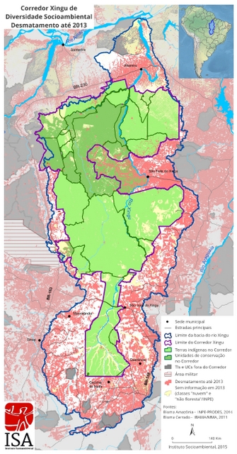 Map of the Xingú River basin in Brazil's Amazon region. The part marked in green – indigenous territory and officially protected zones – are surrounded by deforested areas (marked in red). The basin, which covers 511,149 sq km, is bigger than all of Spain. And the deforested area, 109,166 sq km, is as big as Cuba. Credit: Courtesy of the Socioenvironmental Institute