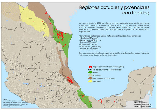 A map of the areas of current or future fracking activity in Mexico, which local communities say they have no information about. Credit: Courtesy of Cartocrítica