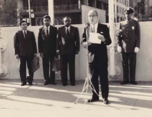 UN Secretary-General U Thant speaking at the Maldives flag raising ceremony 50 years ago. Present at the ceremony were the first Maldivian delegation, including Permanent Representative Mr. Ahmed Hilmy Didi and delegates, Mr. Abdul Sattar Moosa Didi and Mr. Ahmed Ismail.