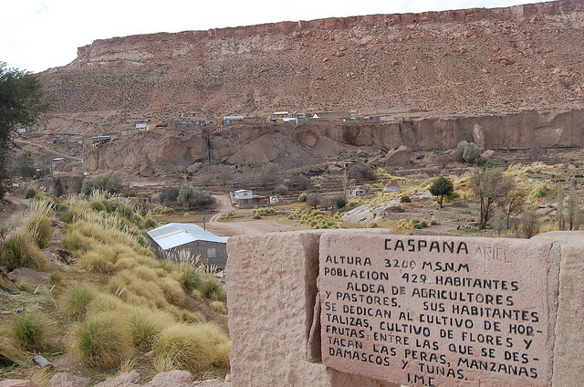 The town of Caspana, 3,300 metres above sea level, in the Atacama desert in northern Chile. Its 400 inhabitants depend on small-scale agriculture as they proudly declare on a rock at the entrance to the village, thanks to the use of the ancient tradition of terrace farming. Credit: Marianela Jarroud/IPS