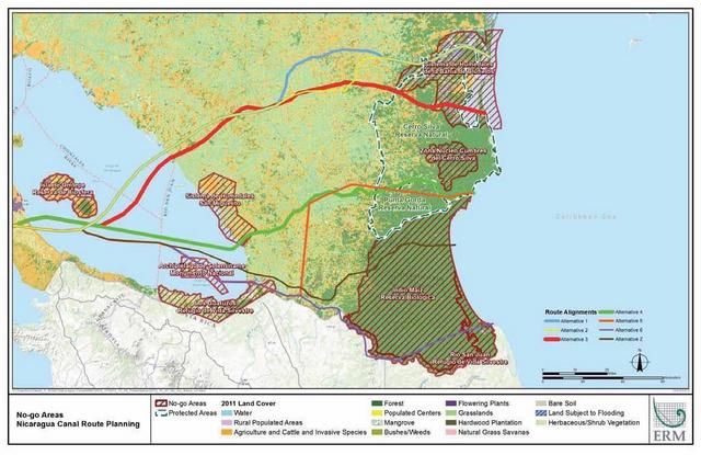 Map of southern Nicaragua with the six projected canal routes. The fourth, in green, was the one that was selected. Credit: ERM