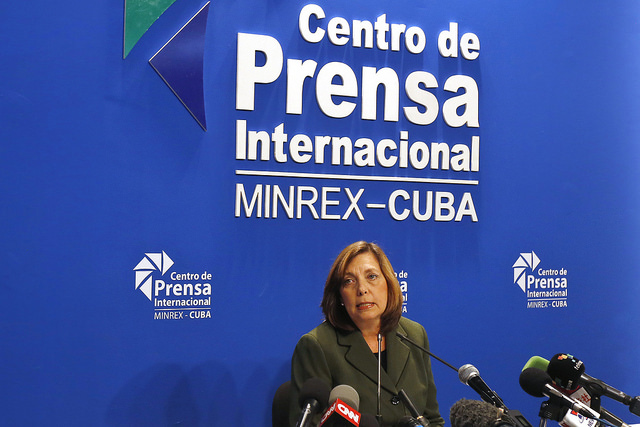 Josefina Vidal, director general of the Cuban foreign ministry's U.S. Division, after reading out an official communiqué Feb. 18 on the historic Mar. 21-22 visit to the country by U.S. President Barack Obama. Credit: Jorge Luis Baños/IPS