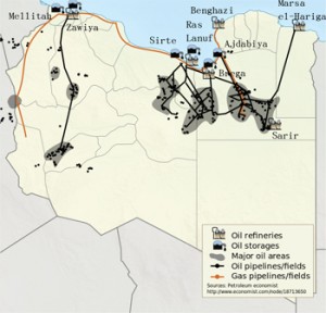 Libyan oil fields, pipelines, refineries and storage. Credit: NordNordWest, Yug | Creative Commons Attribution-Share Alike 3.0 Unported license.