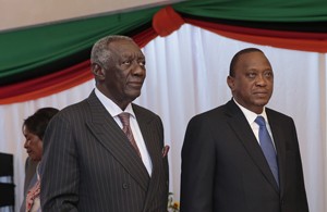 Former Ghanaian President John Kufor and Kenya&#039;s President Uhuru Kenyatta.