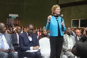 Mary Robinson making a point during a round table discussion of African Presidents.