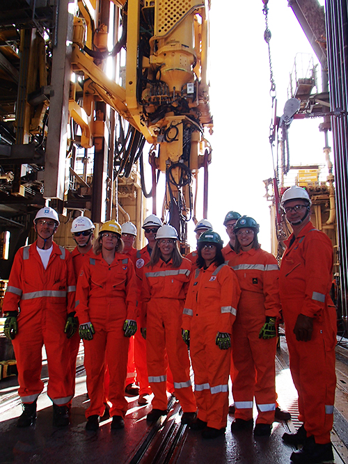 Uruguayan Minister of Industry, Energy and Mining Carolina Cosse (3rd-left) with high-level officials from the state oil company Ancap, during their visit to the drillship that is exploring for oil in ultra-deep waters 250 km off the coast of Uruguay. Credit: Ancap