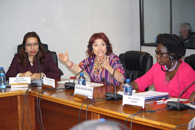 From left to right: FAO Rome Special Co-ordinator for parliamentary alliances, Caroline Rodrigues Birkett, Maria Augusta Calle, and PAP Vice-President Dr Bernadette Lahai. Credit: Desmond Latham/IPS