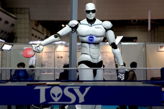 TOPIO ("TOSY Ping Pong Playing Robot") is a bipedal humanoid robot designed to play table tennis against a human being. Photo: Humanrobo. Creative Commons Attribution-Share Alike 3.0 Unported license.