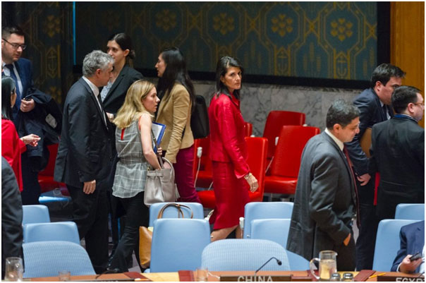 Nikki Haley, the American ambassador to the UN, in red, at the April 7 Security Council meeting reacting to the chemical-weapons attack in Syria. RICK BAJORNAS/UN PHOTO