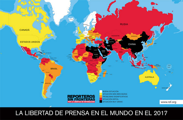 Map of the World Press Freedom Index, released Apr. 26 by Reporters Without Borders, where Cuba (173rd of 180 countries) and Mexico (147th) are the worst positioned in Latin America, while Uruguay (25th) and Chile (33rd) top the regional ranking.  Credit: RWB 