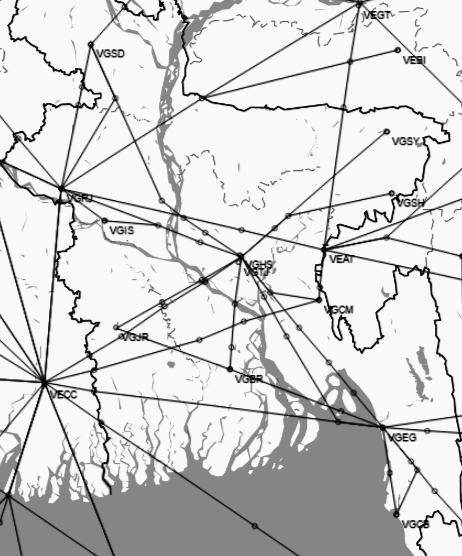 Bangladeshi airports and existing flightpaths (established with Ground-Based Navigation Aids).