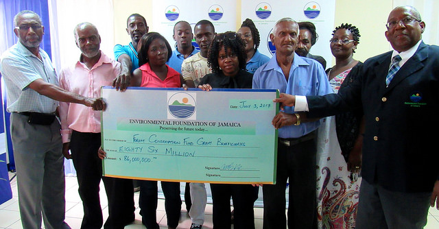 Group photo of grantee representatives awarded funds to halt deforestation by the Environment Foundation of Jamaica (EFJ). Credit: Desmond Brown/IPS