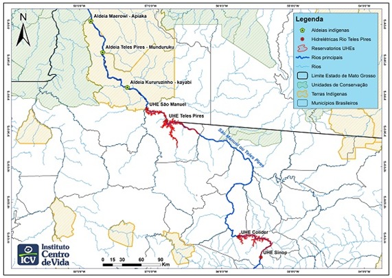 A map of the Teles Pires river, a source of hydroelectric energy in Mato Grosso, in the southeast of the Brazilian Amazon region. In red is the location of hydroelectric power plants that have damaged the way of life of indigenous people and riverbank communities that depend on fishing. Credit: Courtesy of Instituto Ciencia e Vida