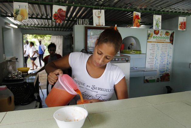 An employee of the juice shop El Framboyán serves a papaya (Carica papaya) juice. Their juices are made with fruits harvested on the Jibacoa farm located nearby in Boyeros, on the southern outskirts of Havana, Cuba. Credit: Jorge Luis Baños/ IPS