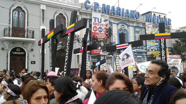 Protesters holding black crosses symbolising the victims of femicide in Peru and other Latin American countries held a massive march through the centre of Lima in August 2015 under the slogan &amp;quot;Ni Una Menos&amp;quot; (Not one  less). Credit: Noemí Melgarejo / IPS
