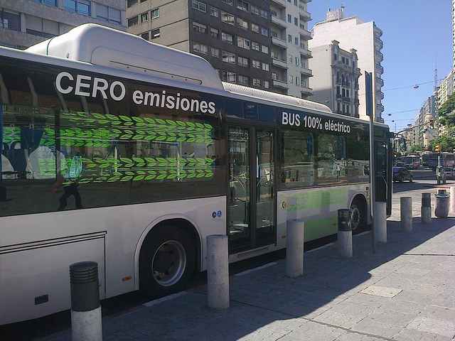 An electric bus parked on a downtown street in Montevideo. Credit: Inés Acosta / IPS