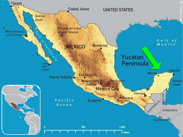 The Yucatan Peninsula, which divides the Gulf of Mexico in the Caribbean Sea, encompasses the states of Campeche, Quintana Roo and Yucatan, and plays a key climate role, as it is home to rainforest that regulates water flow and temperatures in the region. Credit: Public domain