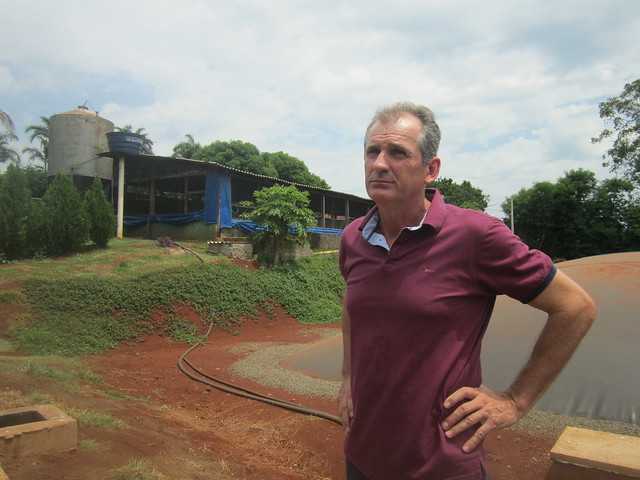 Ademir Eischer produces biogas using the manure from the 1,200 pigs on his farm. He is one of the 18 farmers who supply the mini biogas power plant in the municipality of Entre Rios, in the west of Paraná state. The main benefit, he said, was the elimination of the stench of the raw manure that fertilises his hay crop next to his home, because biodigestion removes the strong odour by making use of the gases. Credit: Mario Osava/IPS
