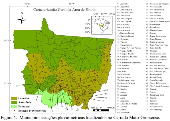The region with the highest soybean production in Brazil, as well as corn and cotton, is highlighted in yellow, in the Cerrado Savannah biome in the center of the northern state of Mato Grosso.  It rains abundantly between September and April, and the flatlands prefer soybeans to be grown by farmers who have migrated from the south since the 1970s.  The region produces 28 percent of Brazil's soybeans and is the world's largest producer and exporter.  Map: Francisco Marcuso, Thiago Guimaraes Faria, Morello Raphael Dias Cardoso