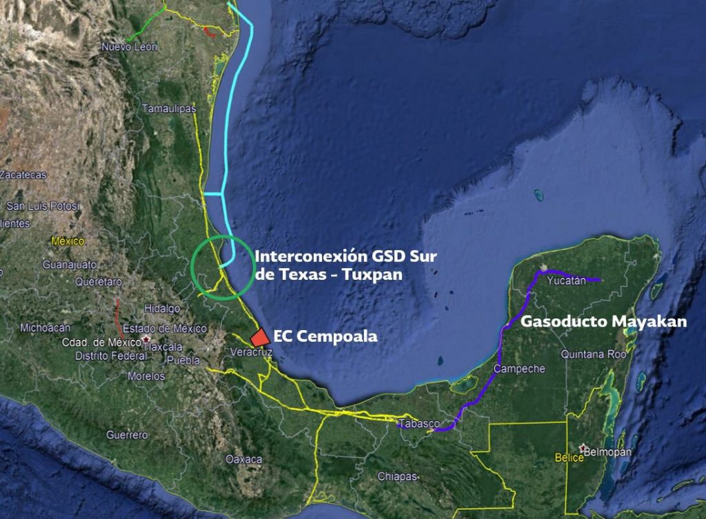 A map of the Yucatán peninsula on the Caribbean Sea in southeastern Mexico shows the route of the 780-kilometer Mayakán pipeline, which carries natural gas from the state of Tabasco to the three states of that region. CREDIT: Sener
