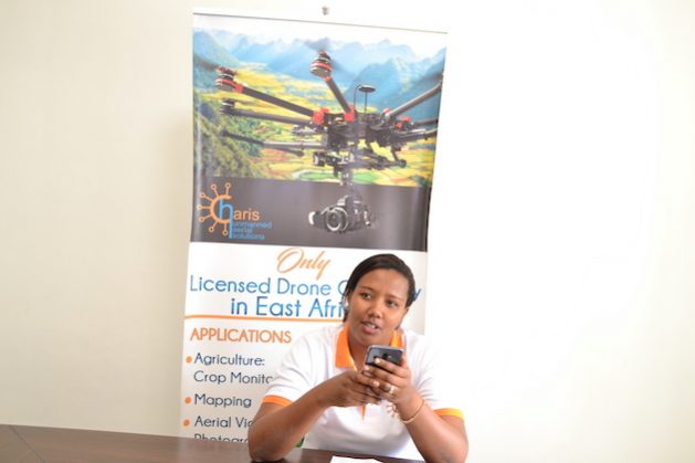 Ingabire Muziga Mamy, Managing Director, Charis Unmanned Aerial Solutions Rwanda, provides drone services for spraying gardens with pesticides, among other farming activities in Rwanda. Technology is crucial to improving food security, researchers say. CREDIT: Aimable Twahirwa