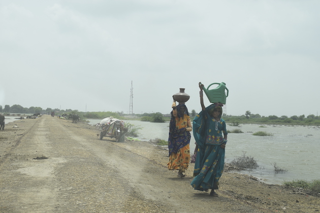 Ondanks dat ze omringd zijn door water, moeten de vrouwen uit de regio Taluka Jhudo kilometers lopen om toegang te krijgen tot schoon water voor hun gezin en om te koken.  Krediet: Stichting Onderzoek en Ontwikkeling (RDF)