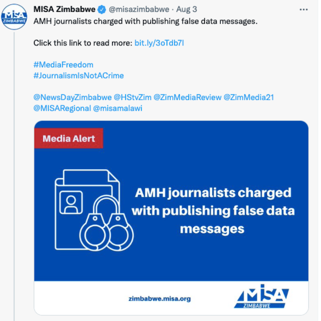 The arrests have been condemned by rights groups. The Media Institute of Southern Africa (MISA) reiterated that journalists have a Constitutional right to right to seek, receive and impart information. Credit: Twitter