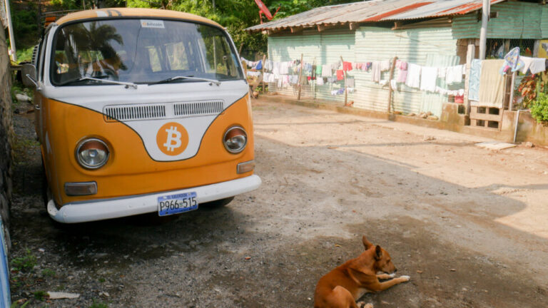 The bitcoin symbol can be seen everywhere in El Zonte, a coastal community in southern El Salvador, such as on this 1970s Volkswagen van or 'van', called the Bitcoineta.  The implementation of the cryptocurrency in this country has not gone well and so far has been a setback for President Nayib Bukele, although the outlook could change if the price of the cryptoasset rallies.  CREDIT: Edgardo Ayala/IPS