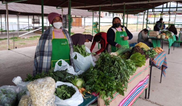 Lourdes Barreto (L) began to learn agroecological farming techniques four years ago, which improved her life in many aspects, including relationships in her family. At the Saturday open-air market in Huancaro, in the city of Cuzco, she wears the green apron that identifies her as a member of the Provincial Association of Agroecological Producers of Quispicanchi. CREDIT: Courtesy of Nadia Quispe