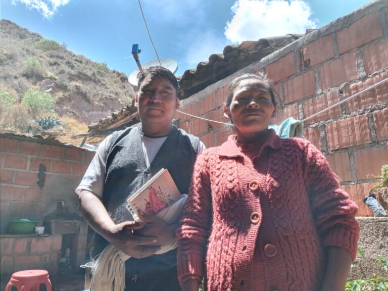 Hilario Quispe, a farmer from the Secsencalla farming community in the town of Andahuaylillas, in the Peruvian highlands region of Cuzco, poses for a photo with his wife Hilaria Mena. For him it was a revelation to understand that the tasks she performs at home are work, and his commitment now is to share them. CREDIT: Mariela Jara/IPS