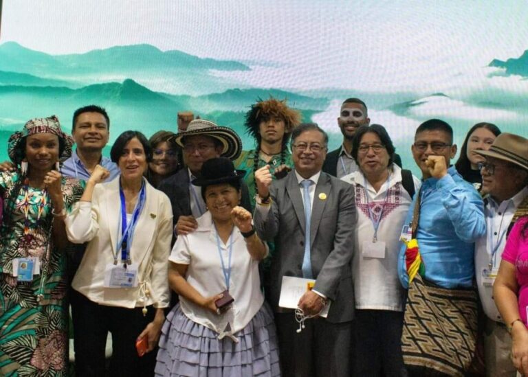Colombian President Gustavo Petro poses for pictures with a group of Latin American indigenous people at the end of a meeting they held in Sharm el-Sheikh during COP27. CREDIT: Courtesy of Jesús Amadeo Martínez
