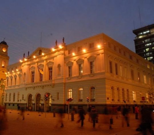 The Municipal Theater Building, the main art and culture venue in Santiago, Chile's capital, is lit with LED bulbs to show locals the benefits of energy efficiency to reduce costs and provide bright light.  CREDIT: Fundación Chile
