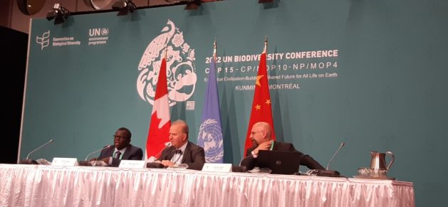 Francis Ogwal (L) of Uganda and Basile van Havre (C) of Canada, co-chairs of the group responsible for drafting the post-2020 global biodiversity framework, explain the status of negotiations at the Palais des Congrès in Montreal on Dec. 14, 2022. Discussions are entering the final stretch to approve the new biodiversity protection targets. CREDIT: Emilio Godoy/IPS