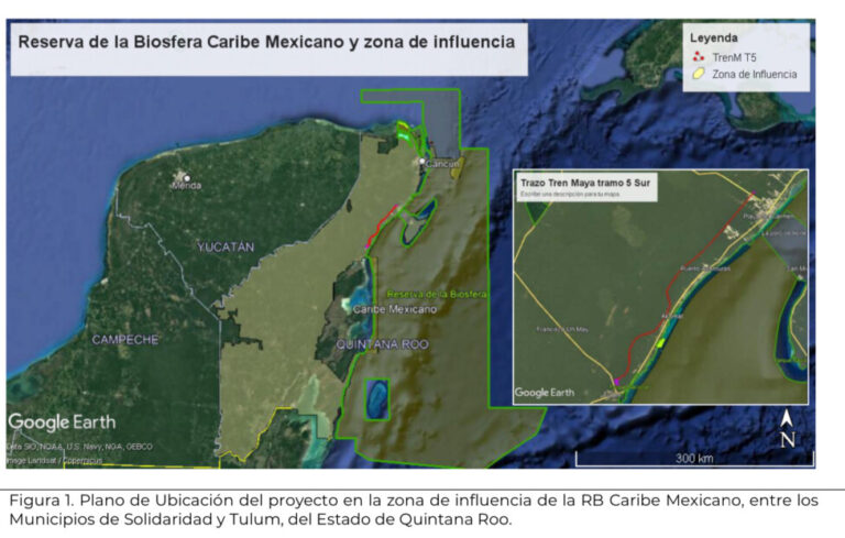 The Maya Train, the Mexican government's main megaproject, threatens protected natural areas, such as the Mexican Caribbean Biosphere Reserve in the southeastern state of Quintana Roo, according to a Google Earth capture. In the COP15 negotiations in Montreal, a central issue is the declaration of more natural protected areas, but one of the threats is infrastructure works. Image: Google Earth