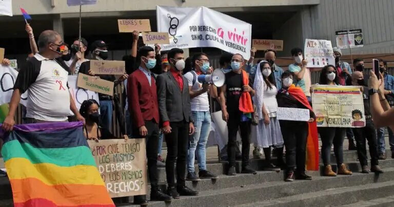 A demonstration by the LGBTIQ+ community outside the Supreme Court in Caracas demanded the right to same-sex marriage, which is legal in many parts of Latin America but remains a distant dream in Venezuela.  CREDIT: Acvi