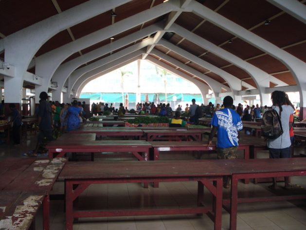 Most vendor tables are empty in the large fresh produce market in Vanuatu's capital, Port Vila, due to the widespread devastation of food gardens and crops by Cyclones Judy and Kevin in early March. Photo credit: Catherine Wilson/IPS