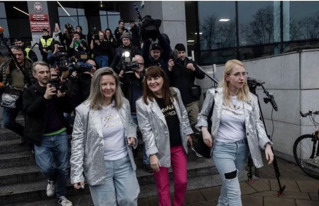 The Abortion Dream Team (from left to right Natalia Broniarczyk, Justyna Wydrzynska, Kinga Jelinska) outside the Warsaw court after Wydrzynska's conviction. Credit: Abortion Dream Team