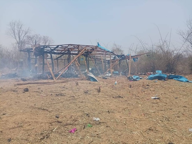 The aftermath of Myanmar military air strikes on a crowd gathered in Pa Zi Gyi village in Sagaing Region on April 11, in which the anti-junta resistance says over 150 people were killed, including children, performing dances. Credit: Local People's Defence Force