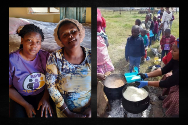 Nosintu Mcimeli and Bonelwa Nogemane of the Abanebhongo People with Disability (APD) started with an agroecological project to improve food security in South Africa’s Eastern Cape (left). A soup kitchen feeds the village children (right). Credit: ADP
