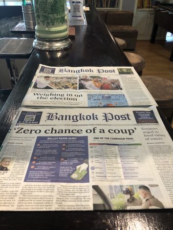 Thailand’s local newspaper Bangkok Post uses the vow of not launching a coup, promised by the Thai military days before the May 14 election, as the front story. Thailand has had periods of anti-coup protests and brutal crackdowns. Photo: Thompson Chau/IPS